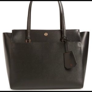Black leather cardamom Parker tote by Tory Burch.  In excellent condition